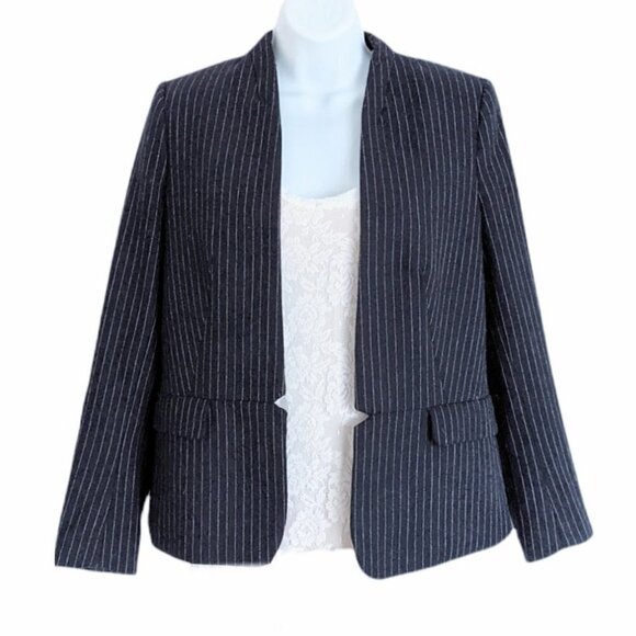 H&m navy blue stripped wool blend blazer jacket 8 us @x - Picture 1 of 10